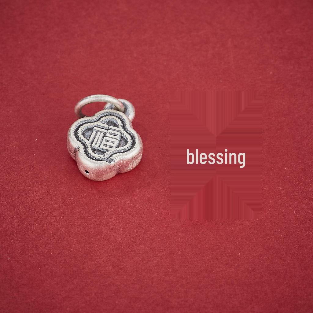 S999 Sterling Silver 3D Chinese Fu Character Pendant Charm for DIY Bracelets