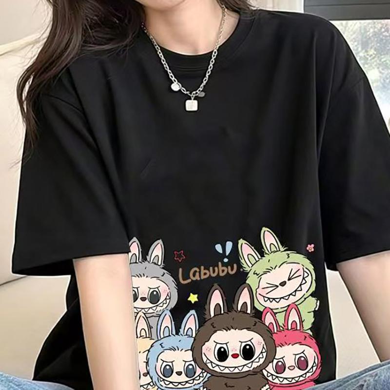 Labubu Print Women Short Sleeve T-shirt Summer Casual Fashion Clothing Girl Cartoon Cute Anime Printed Tops