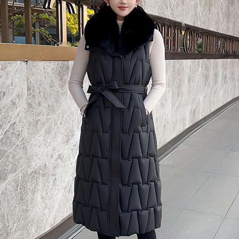 

Модный зимний длинный жилет Женские пальто Большой воротник из искусственного меха Элегантная толстая теплая парка без рукавов Женские куртки L чёрный