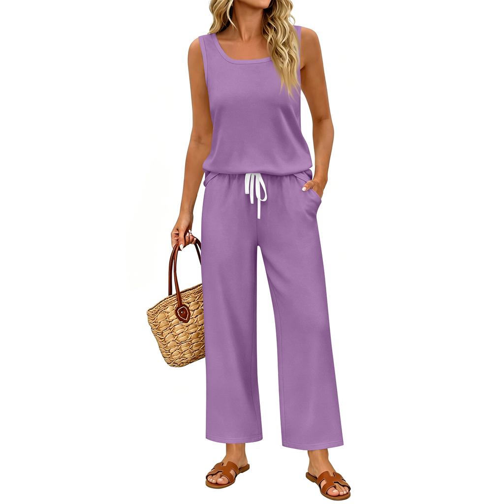 Women Sleeveless Tank Top and Wide Leg Pants Two Piece Set Casual Loose Fit Lounge Wear Suitable for Travel Vacation and Home Relaxation