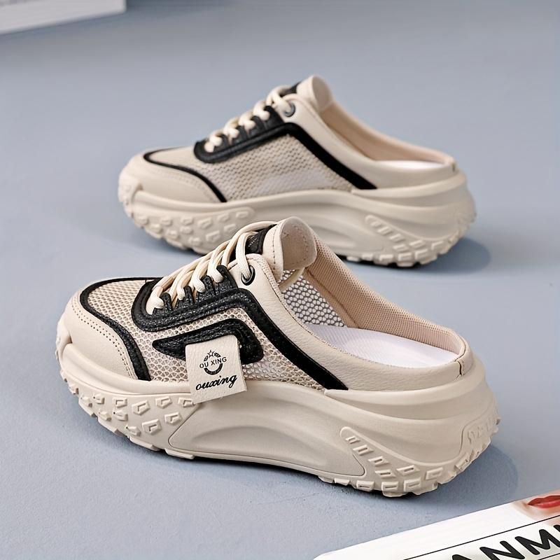 

Летние модные дышащие сетчатые кроссовки на среднем каблуке - женские повседневные туфли на шнуровке с круглым носком и подошвой из термополиуретана - для активного отдыха, полуслипон, в стиле досуга 40 чёрный