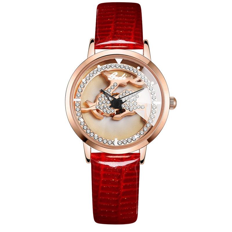 

Light Luxury Diamond-Encrusted One Deer Has Your Watch, Niche High-End Leather Quartz Watch, Women S Fashion Waterproof Watch красный