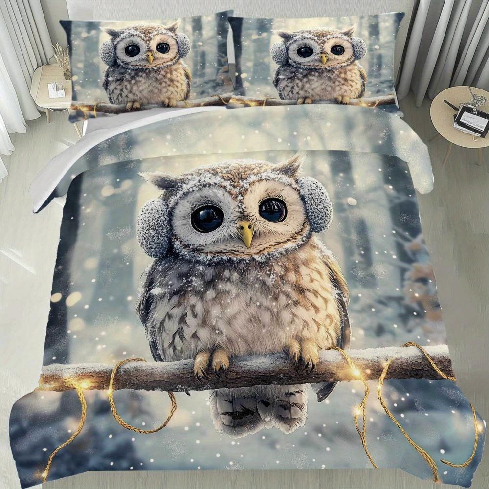 3pcs White Bedding Set Lovely Funny Owl Print Cozy Duvet Cover Set King Queen Twin Single Size Birthday Gift Bedroom Decoration