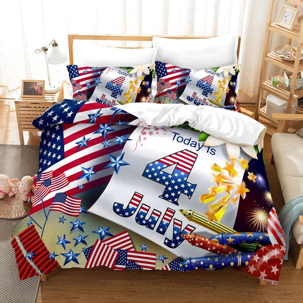 3pcs Bedding Set Independence Day Print Duvet Cover Set Single Double King Size Bed Set for Adult Home Bedroom with Pillow Case