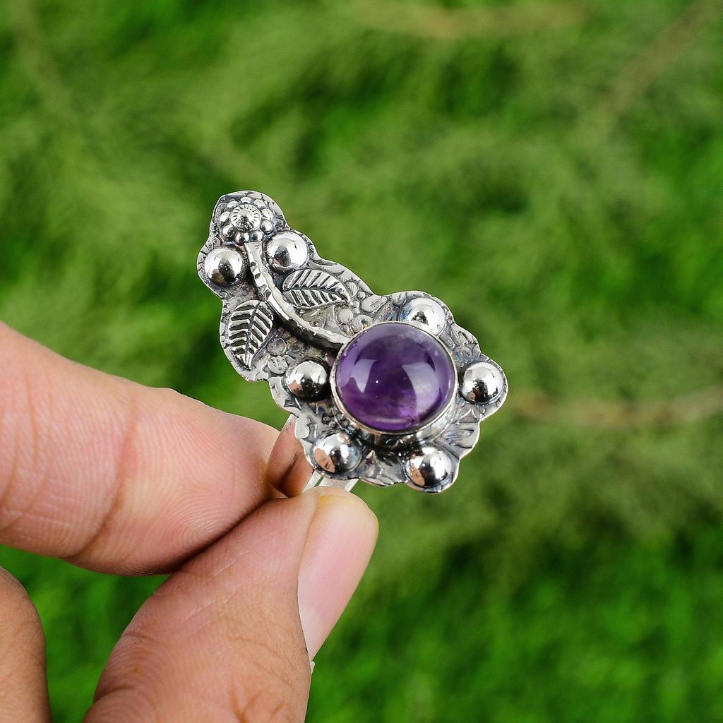 Mothers day Deal Round African Amethyst Stone Flower Statement Ring 925 Silver