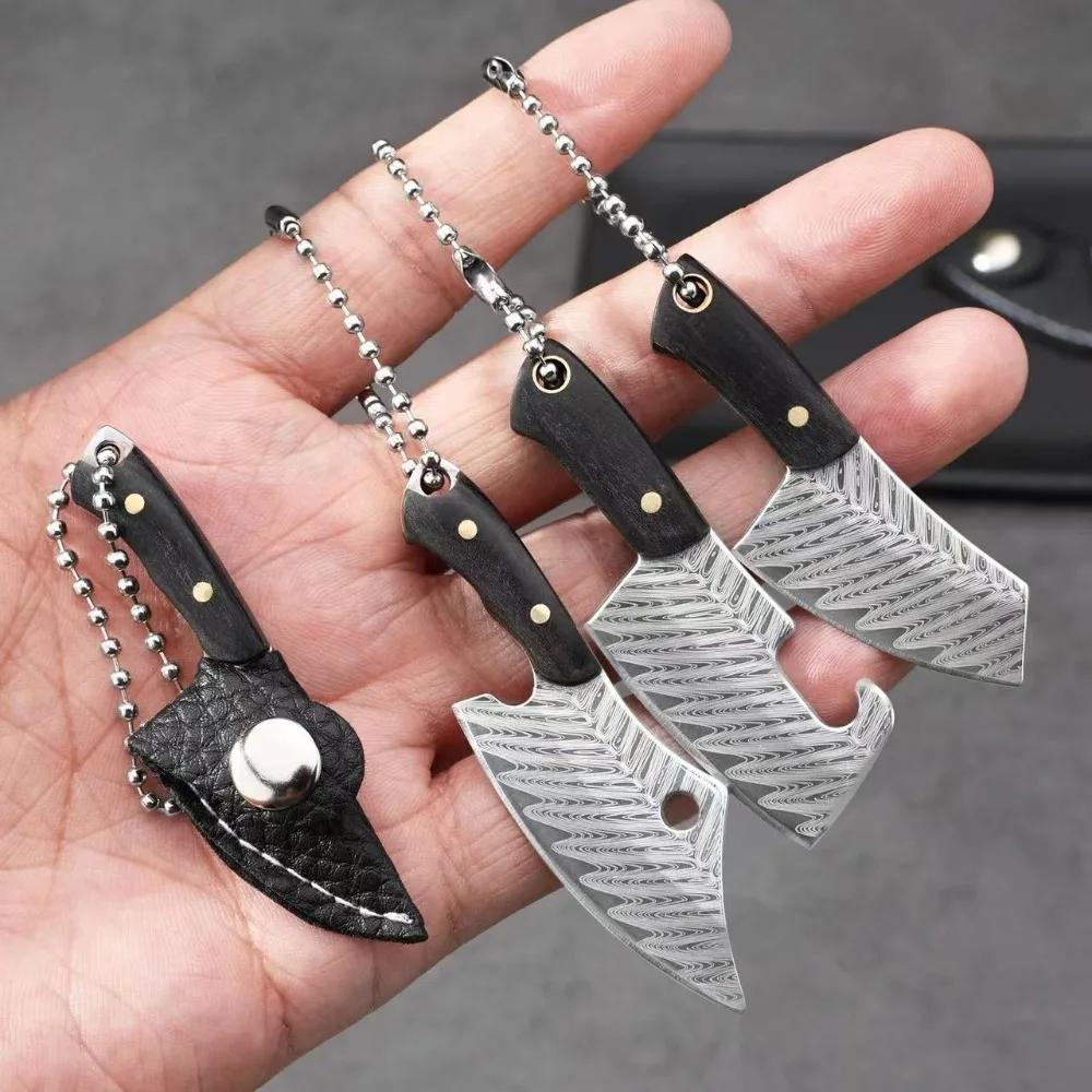 New Mini Wooden Handle Knife Outdoor Camping Open Box with Chain Portable EDC Key Knife with Leather Sheath Chain