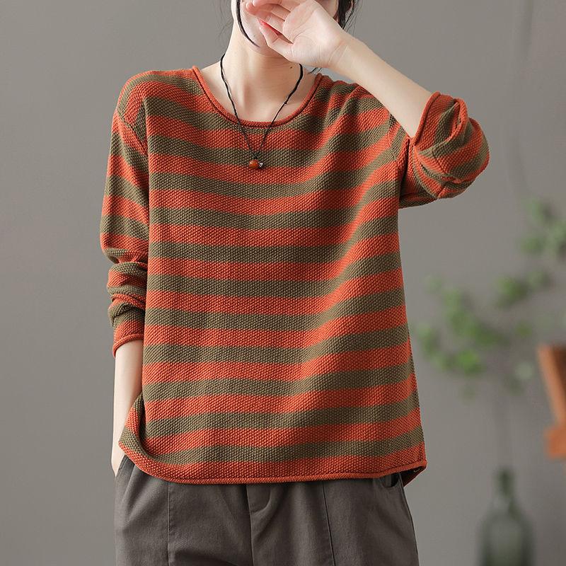 Women's Casual Crew Neck Pullover Sweater Autumn Winter Knitted Striped Top Loose Base Layer
