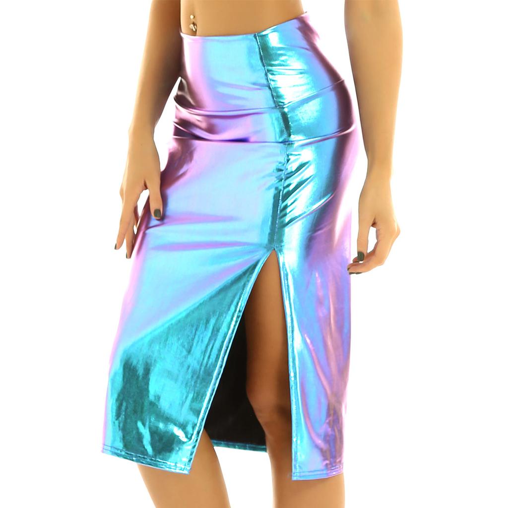 Women Skirts Shiny Metallic High Waist Side Split Midi Bodycon Skirts for Party Night Club