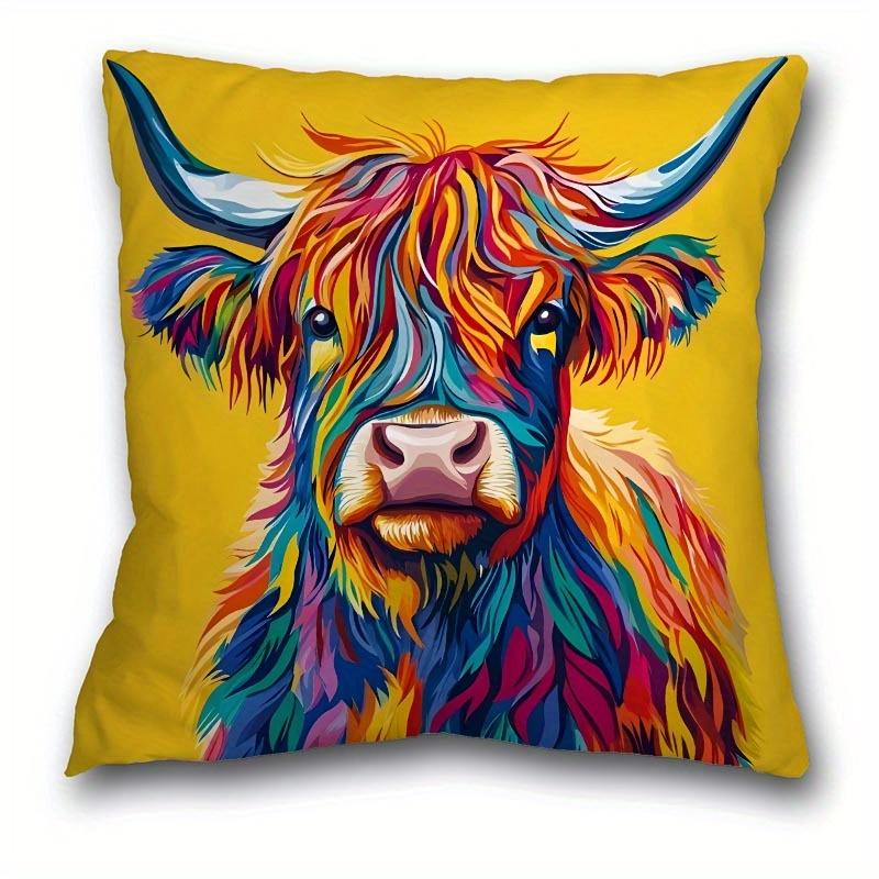 1 Stück Bunte Schottische Hochlandrind-Druck Kissenbezug, Geeignet für Sofa, Schlafzimmer, Wohnzimmer, ein Künstlerisches Geschenk für Tierliebhaber
