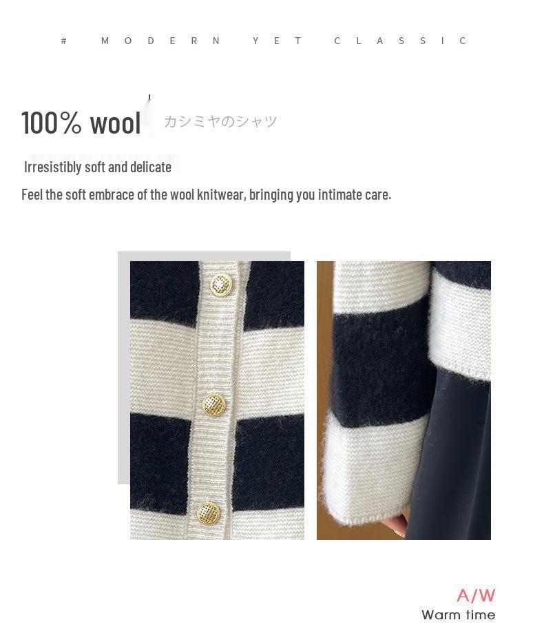 2024 Women's Color Block Pure Wool Knit Cardigan - Casual Round Neck, Loose Fit with Button Closure