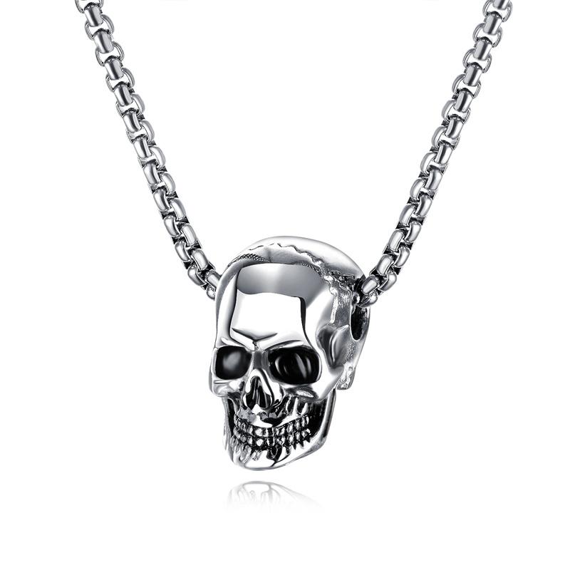 Wu's 2022 Retro Hip Hop Punk Stainless Steel Skull Necklace Men's Rock Personality Long Pendant Necklace Boho Halloween Ornament