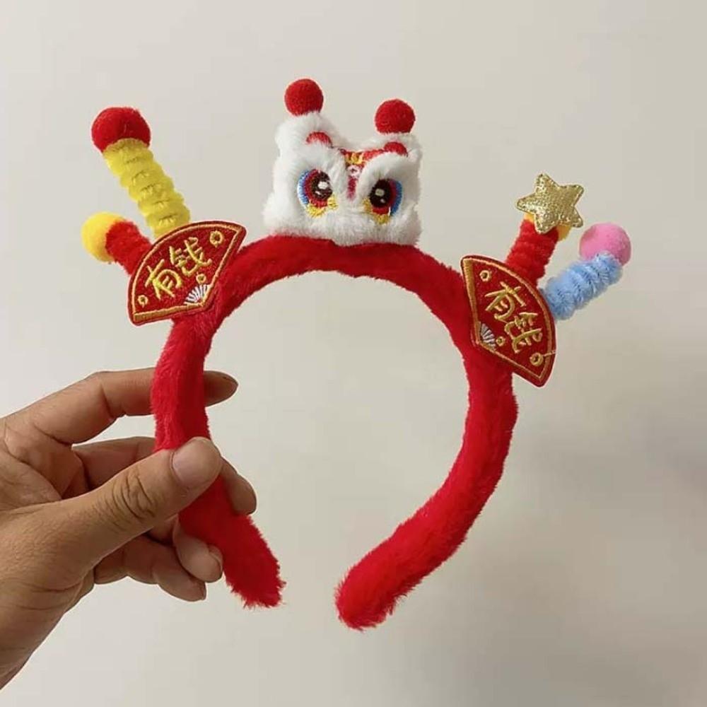 Embroidered Bow New Year Hair Hoop Lion Hanfu Hair Accessories Sweet Red Plush Headband  Kids