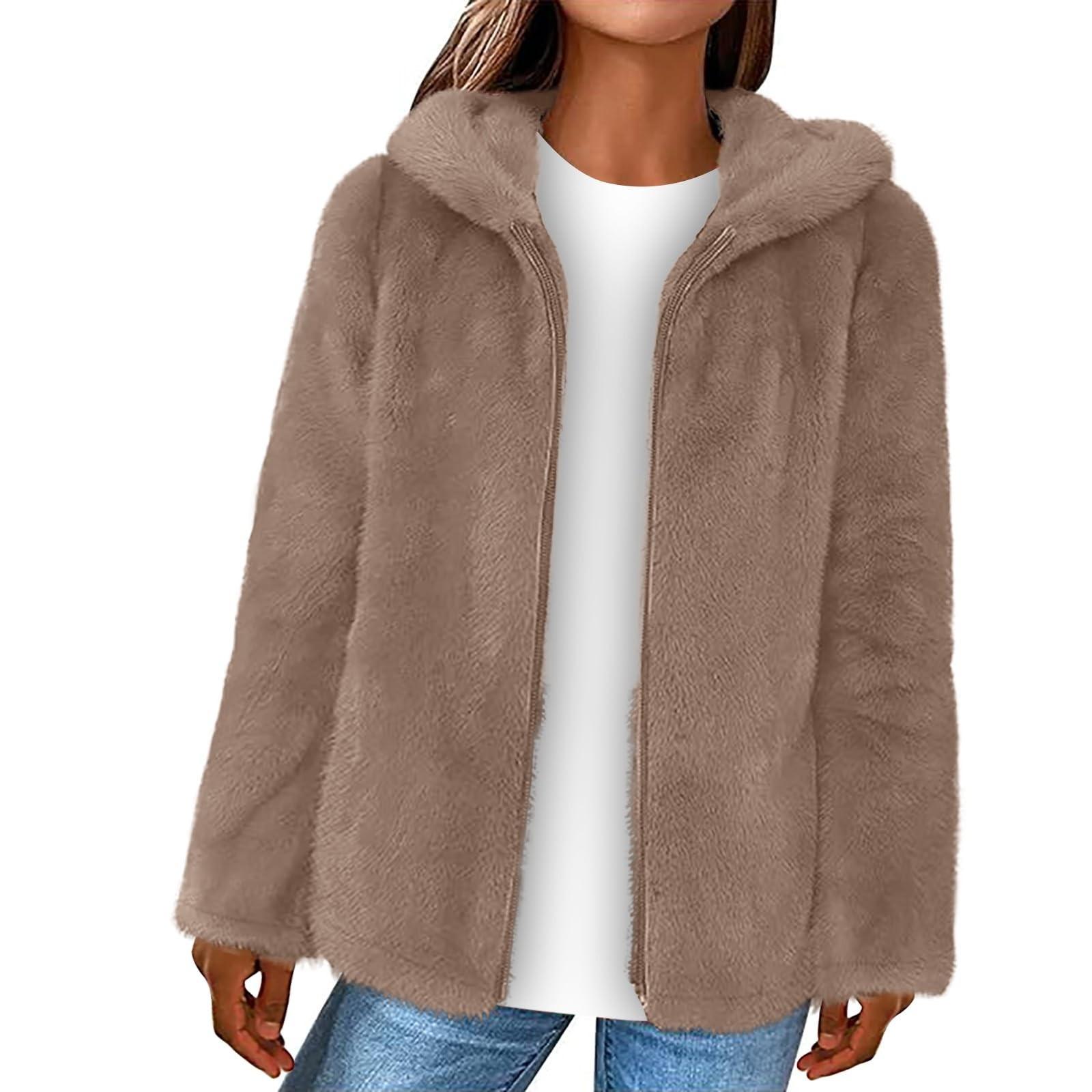 

Однотонный женский двусторонний коралловый бархатный свободный теплый свитер с капюшоном, женская куртка на молнии из овечьей шерсти M хаки