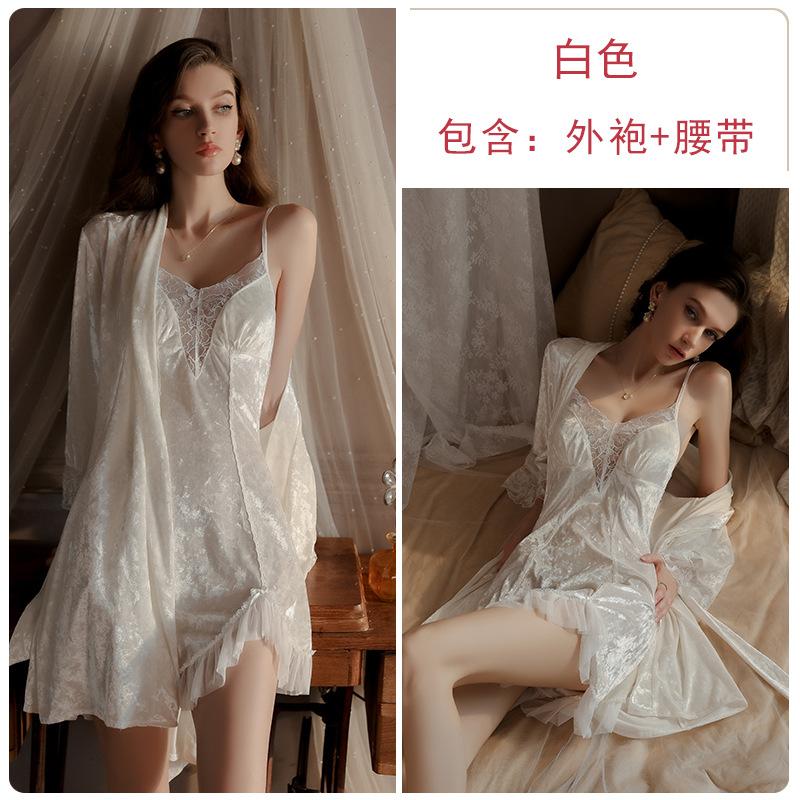 Women's Velvet Sheer Mesh Padded Cami Sleep Dress with Robe Lounge Set