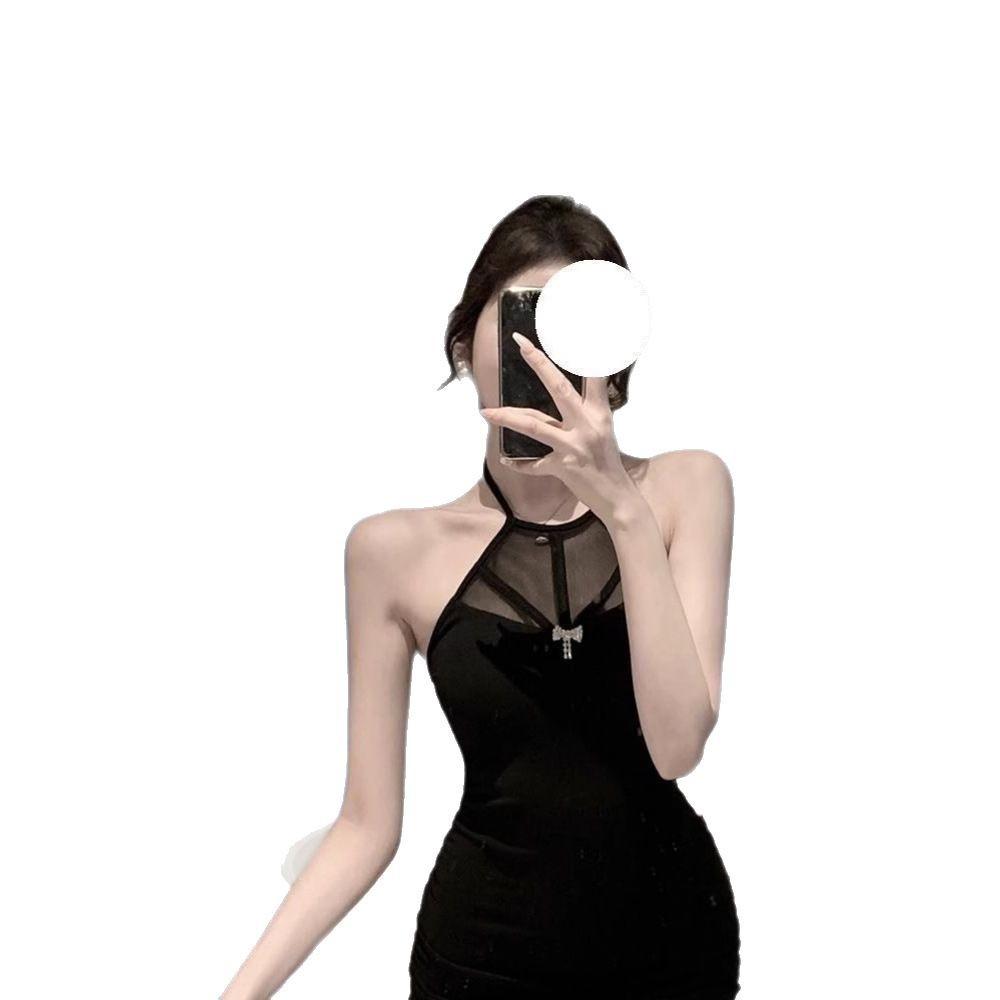 Pure desire sexy royal sister tight hip skirt women's summer new unique mesh splicing Spice Girl chic neck suspender skirt