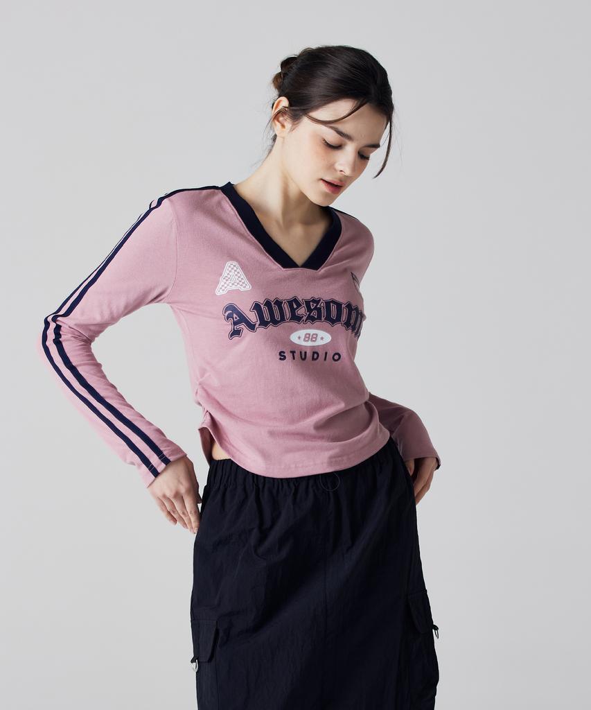 AWESOME STUDIO Blockcore V-Neck Shirred T-Shirt Navy