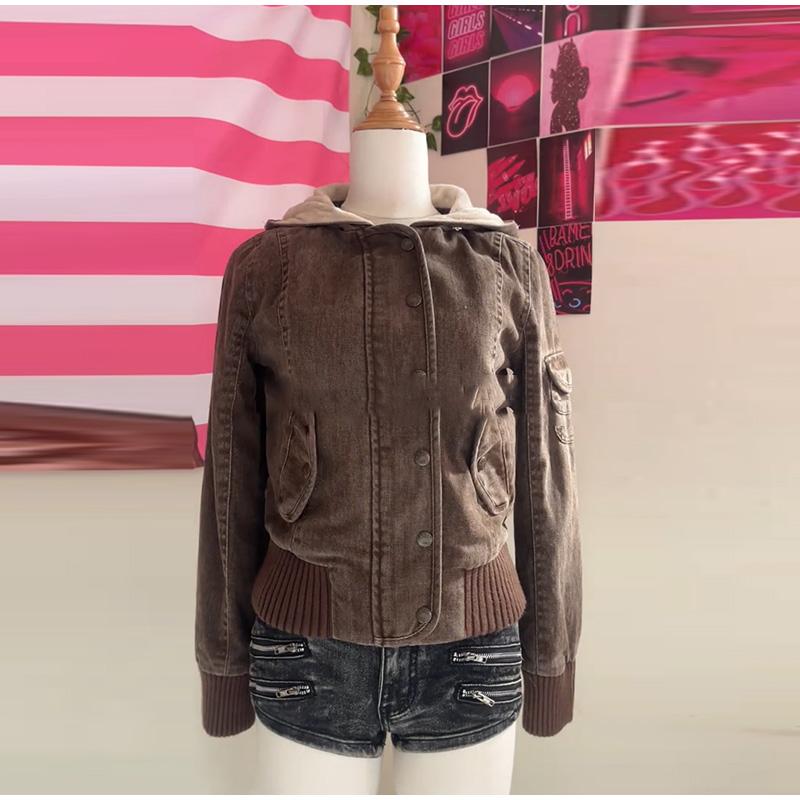 Fur Collar Decorative Hooded Jacket Zipper Snap Button Cotton Jacket Brown Ladies Coat Autumn and Winter New Style Warm Jacket