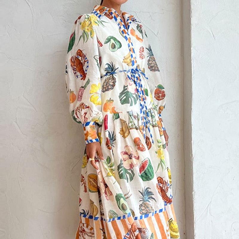 2025 European & American Women's Lantern Sleeve Print Turn-Down Collar Waist-Gathering Long Swing Spring Dress