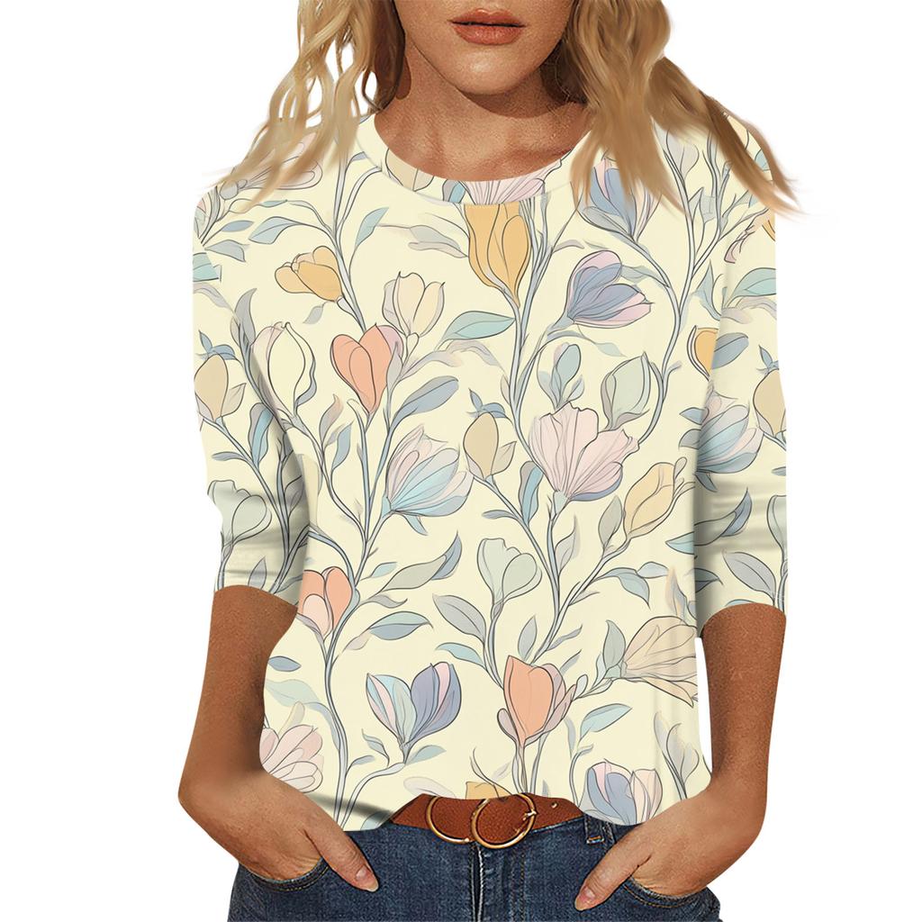 Modisches und lässiges Pullover-Oberteil mit sieben Viertelärmeln und Blumendruck für Damen