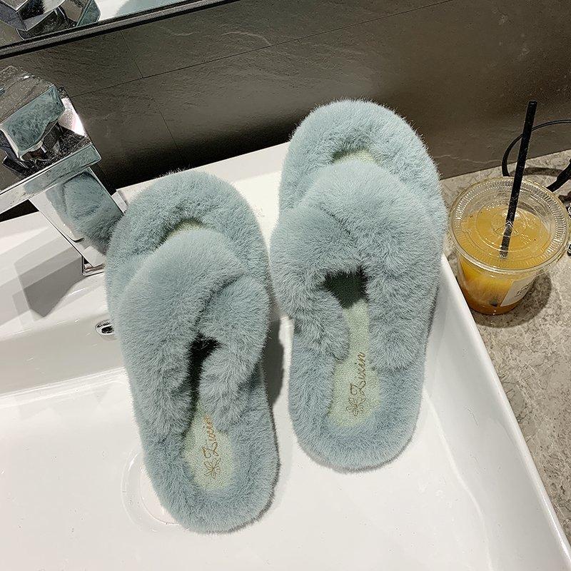 Mao Mao slippers women's 2025 autumn new cross thick-bottomed imitation rabbit fur flat-bottomed casual outer wear one-word home slippers