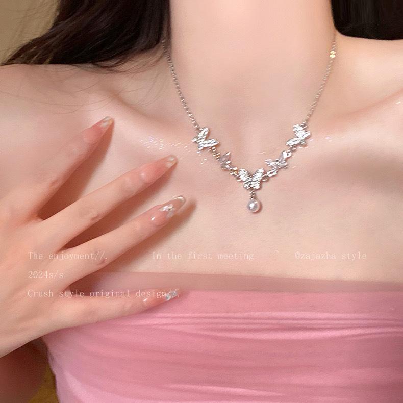 Zircon Butterfly Pearl Collarbone Chain Women Light Luxury High Sense Commute Versatile Temperament Jewelry Gift
