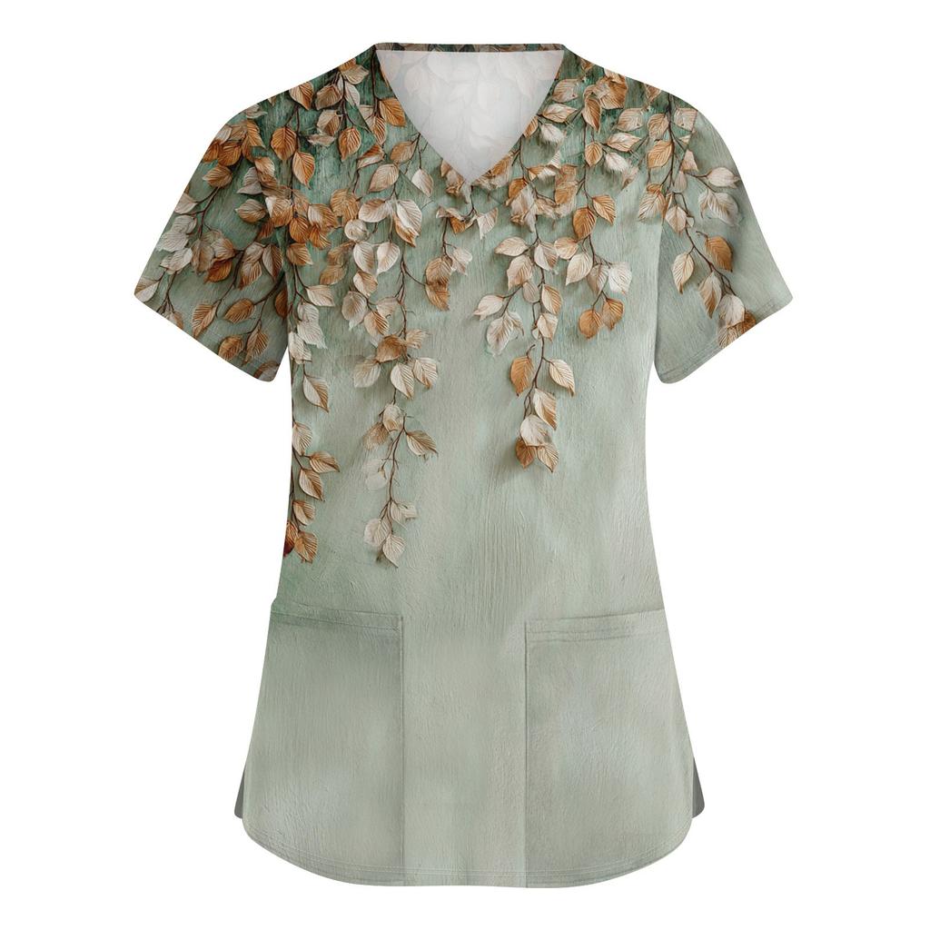 Niedlich bedruckte Arbeitskleidung für Damen, V-Ausschnitt, doppellagige Taschen, Basic-Kurzarm-Oberteil, Pullover