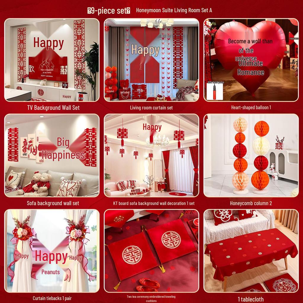 Wedding Room Décor Set: Bride & Groom Bedside Background with Pull Flowers & Double Happiness KT Board