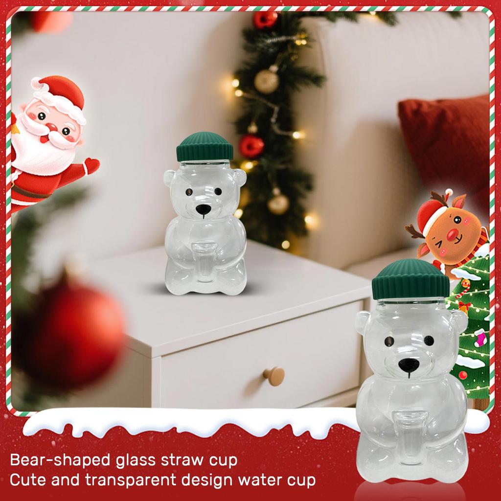 Bear-Shaped Straw Cup: Cute Transparent Design, Green Hat Water Cup