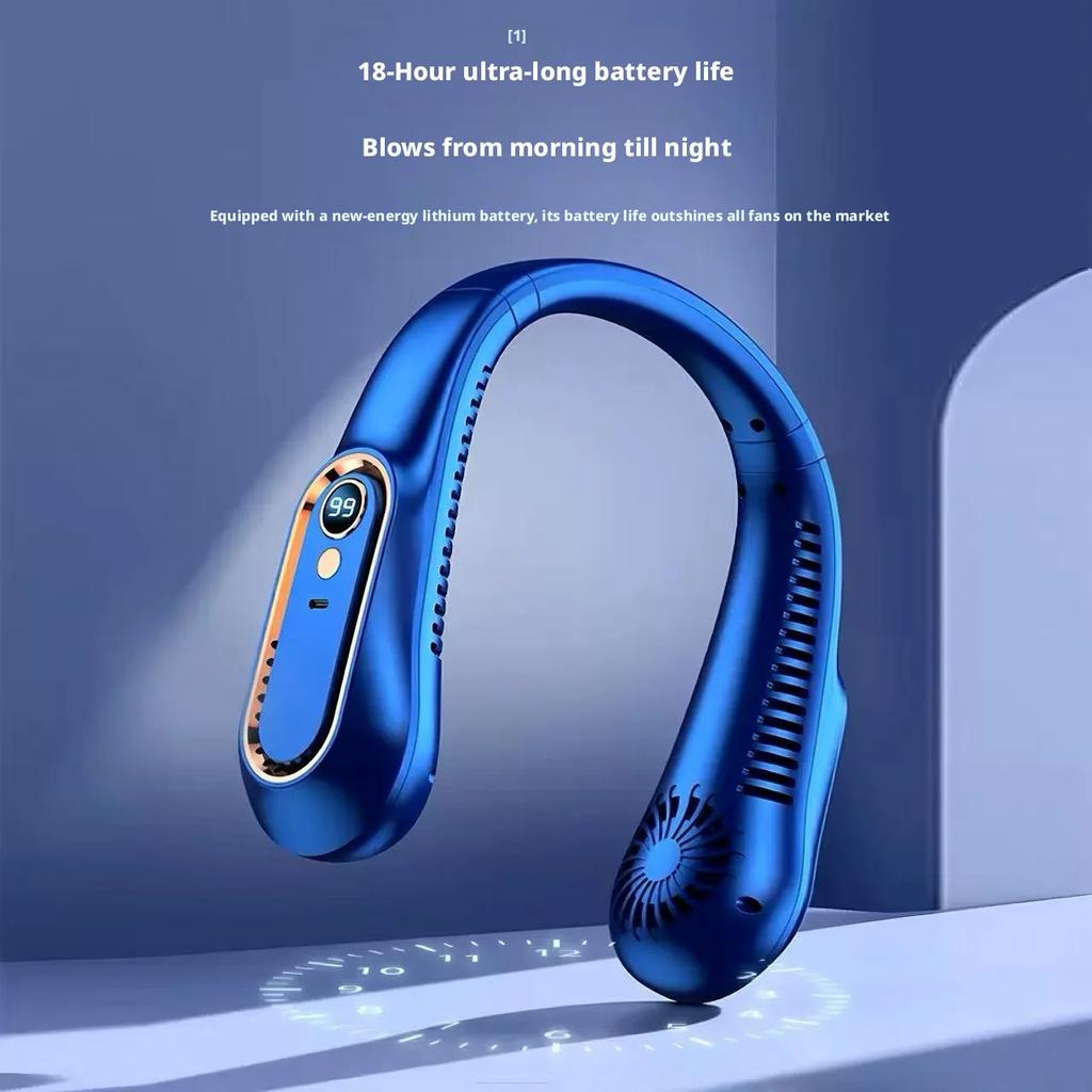 3-Color Optional Ice-Cooling Neck Fan Digital Display USB Rechargeable Bladeless Hanging Neck Fan for Summer Outdoor Use