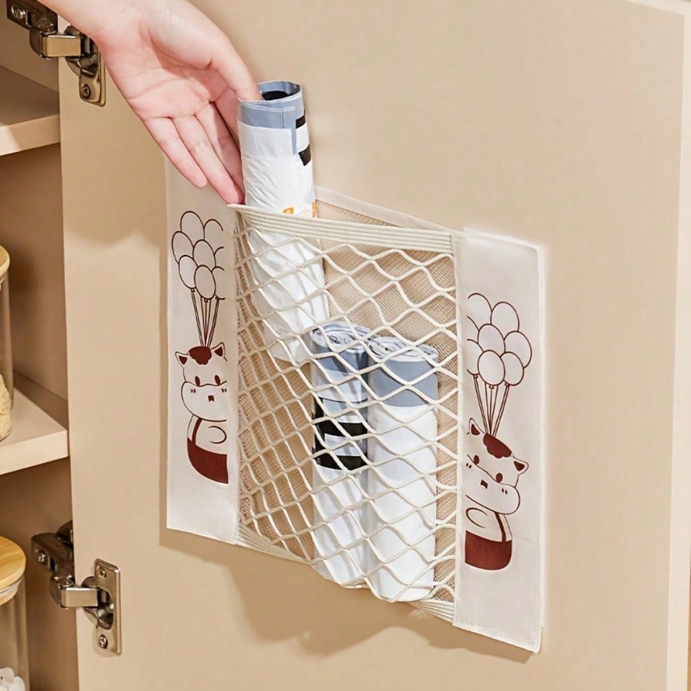 Durable Wall-Mounted Mesh Bag Dispenser With Cute Cartoon Design - Foldable Breathable Polyester Garbage Bag Holder
