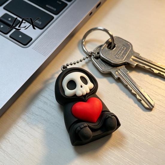 Skull Decoration with Ball Chain Holding Heart Grim Reaper Keychain Charm, 3D Printed Gothic Decor Pendant Chain, Backpacks Bags Purse Hanging