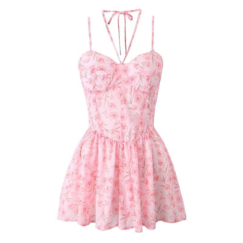 

B MERY Family French style Pure Desire Gyaru Design Floral Sweet Waist Hugging V-neck Vacation Sling Dress Pink L