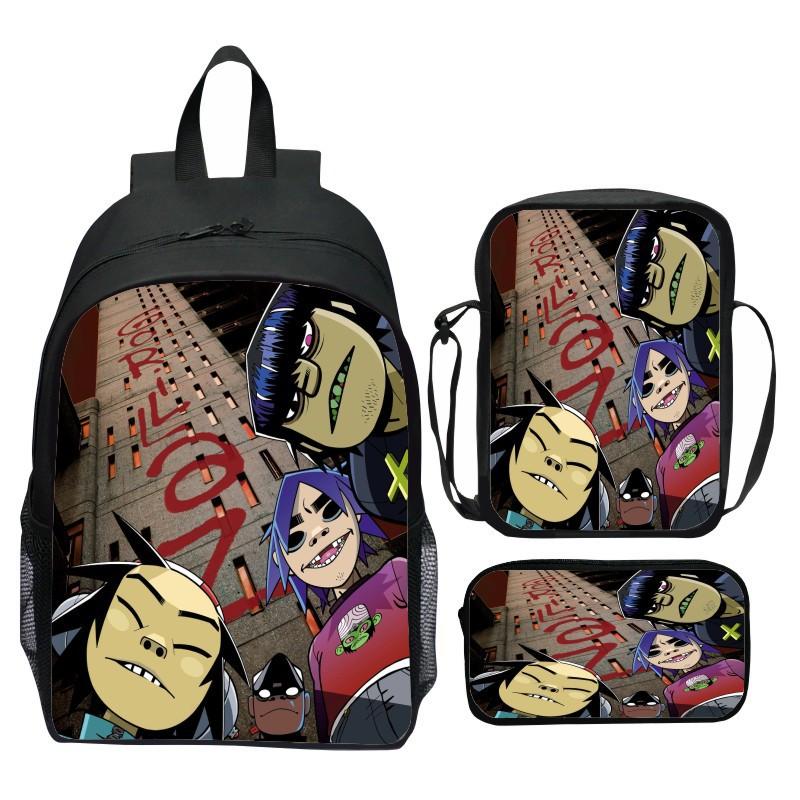 Gorillaz UK Virtual Band Printed Cartoon Backpack 3-Piece Set School Bag Lightweight Large Capacity