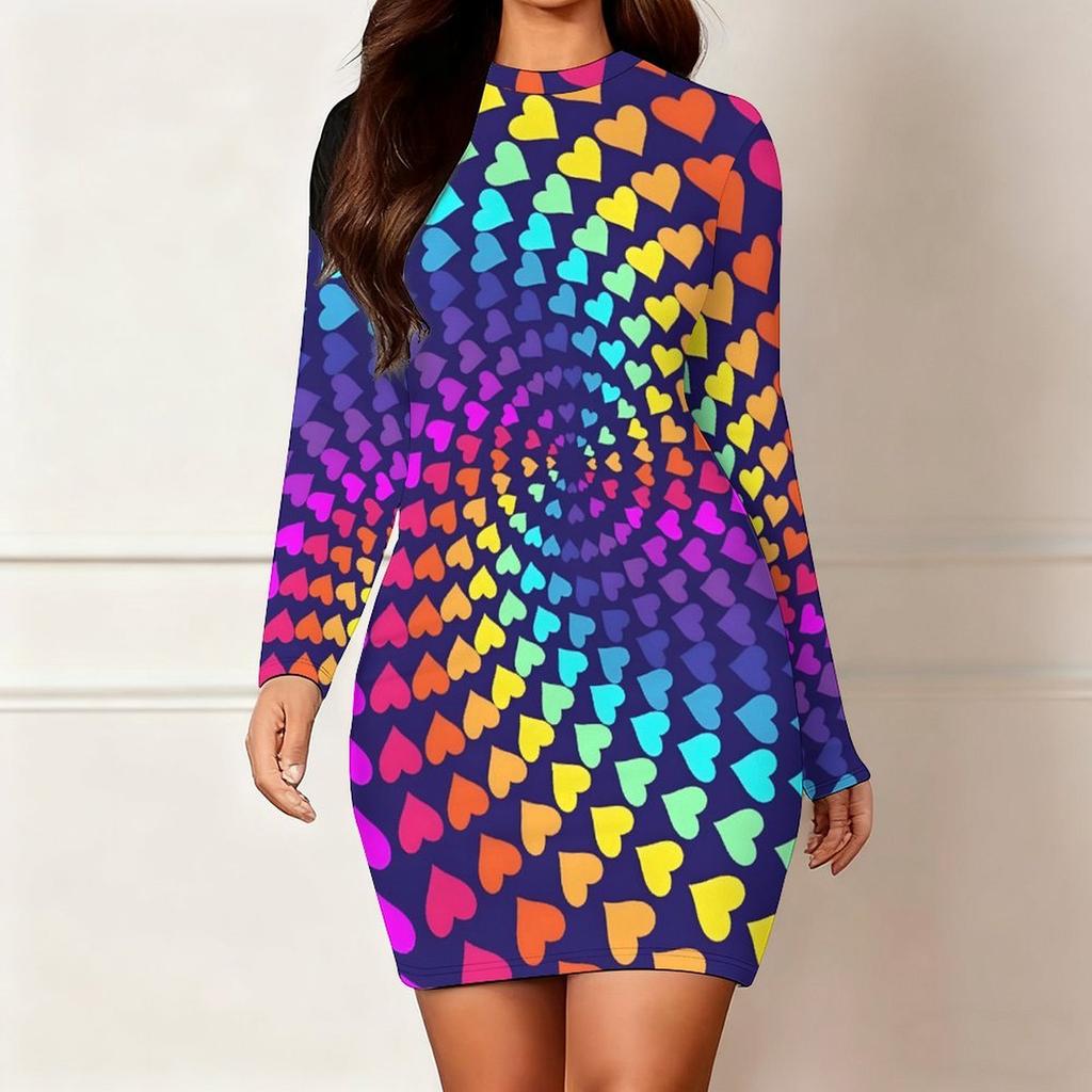 Podzim a zima 2025 Nové dámské módní šaty s 3D potiskem a barvením s motivem srdce, s dlouhým rukávem, kulatým výstřihem, obepínající boky, limitovaná edice ke Dni svatého Valentýna