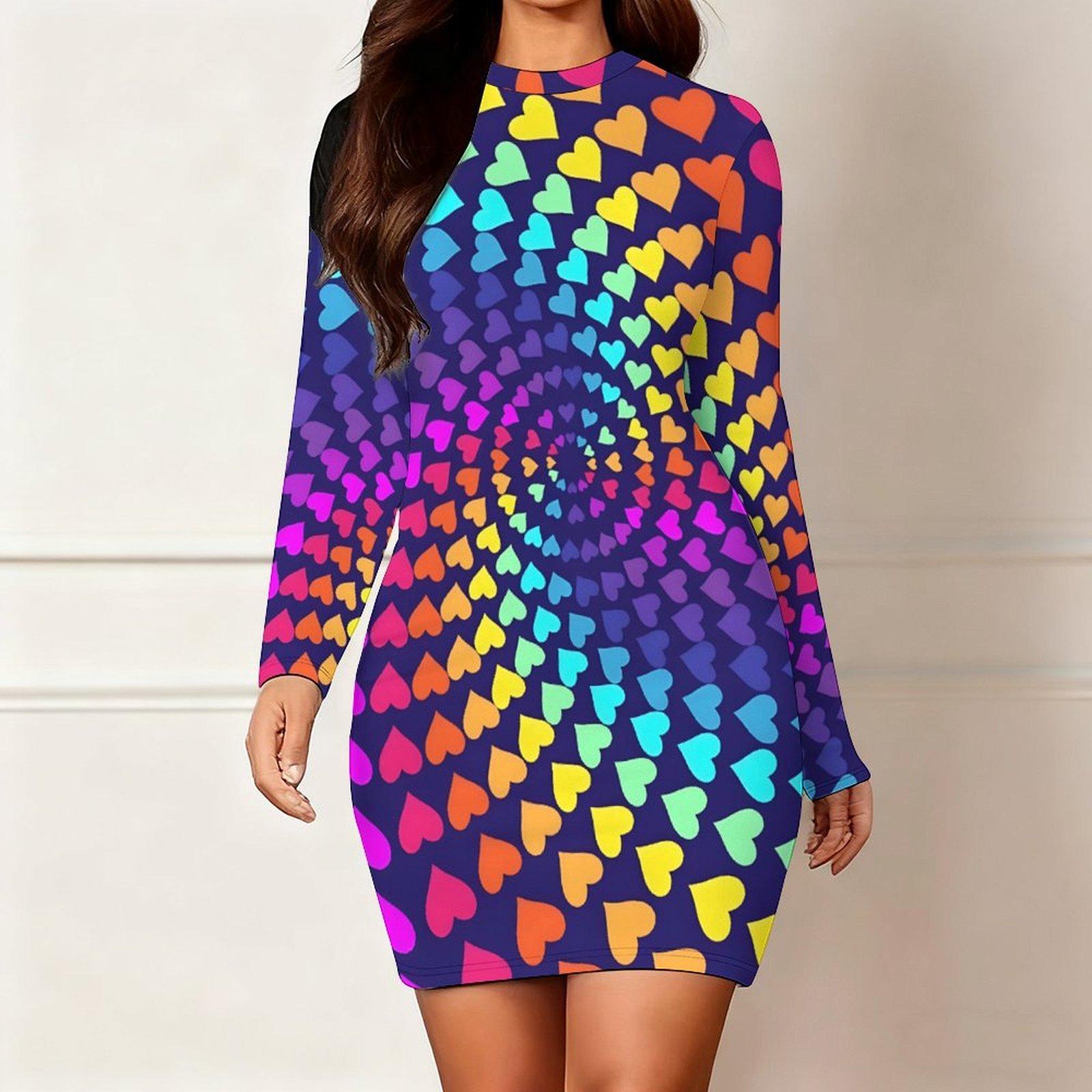 

2025 Autumn and Winter New 3D Love Pattern Print and Dyeing Women s Fashion Long-sleeved Round Neck Hip-wrapped Dress Valentine s Day Limited XXL синій
