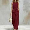 Women Solid Color Sleeveless Jumpsuit Round Neck Self Tie Belt Wide Leg Pants Casual Loose Fit Long Overalls