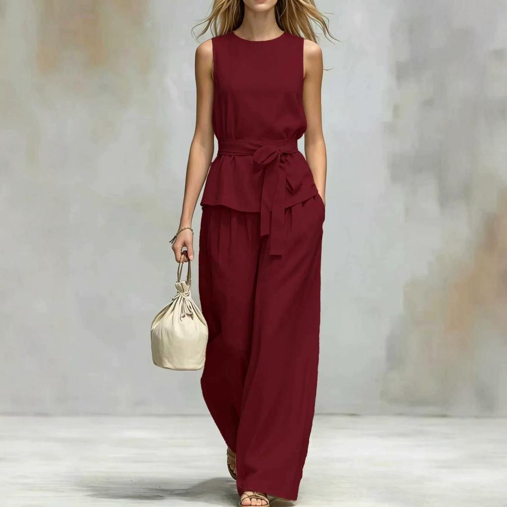 Women Solid Color Sleeveless Jumpsuit Round Neck Self Tie Belt Wide Leg Pants Casual Loose Fit Long Overalls