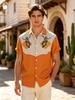 Printed Design – Not Textured Men's Orange and White Spliced Western Style Short-Sleeve Shirt, Cartoon Cowboy Skull Print Lapel Top, Spring/Summer