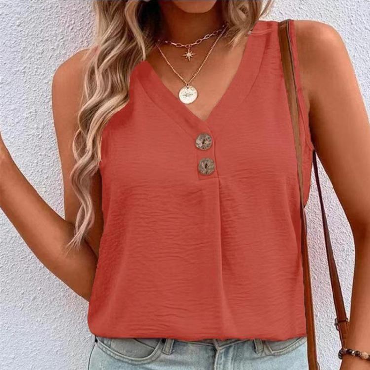 Women Casual Summer Sleeveless Solid Color Button Vest Pullover Top
