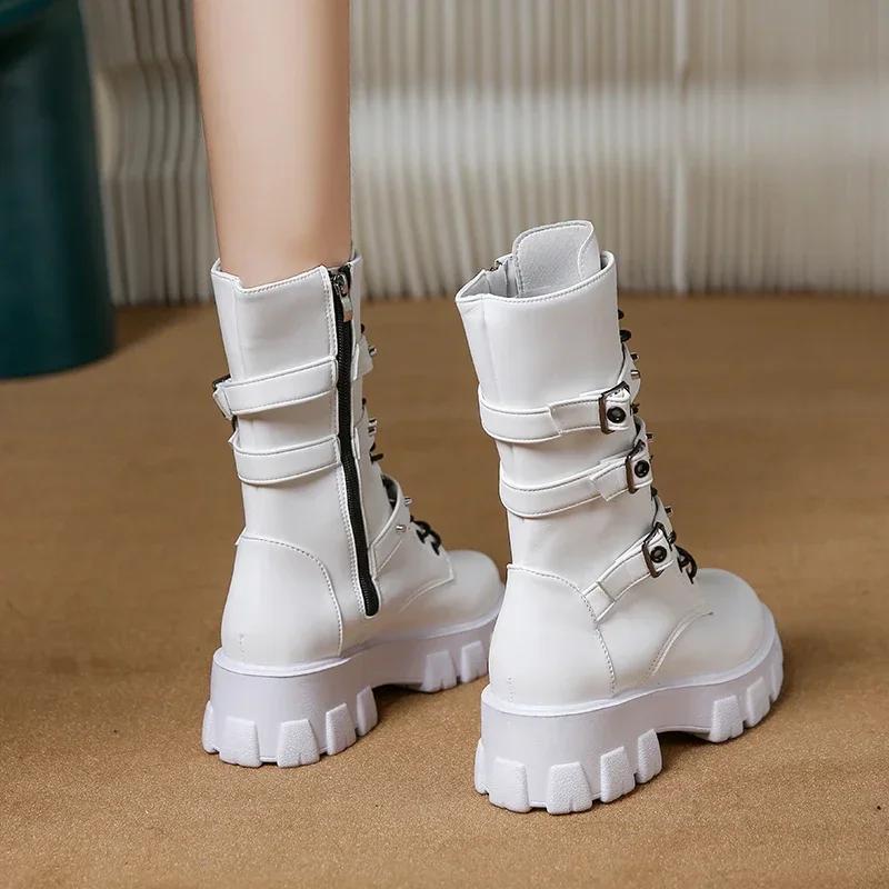 WOMEN BOOTS Goth Boots Woman Winter  Platform Shoes Sneakers Studded Belt Buckle Punk  Chunky Heels Mid Calf Boots