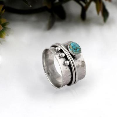 Anel de meditação giratório de prata com pedras preciosas turquesa de cobre azul - Anel de polegar de prata esterlina 925 - Anel de banda de prata presente para mulheres - 6,1 Gm aprox.
