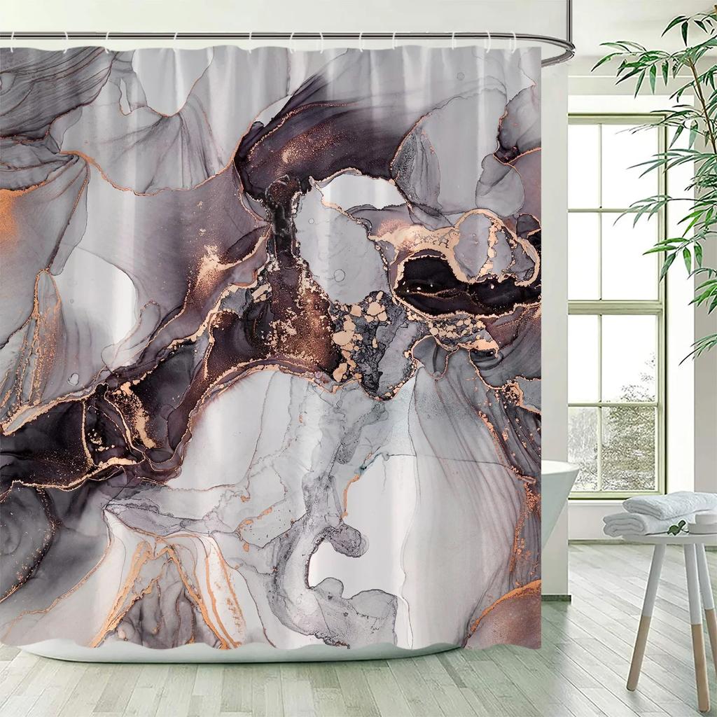 Purple Marble Shower Curtain Abstract Lavender Gold Fabric Bath Curtains Modern Ombre Watercolor Ink Art Home Bathroom Decor Set