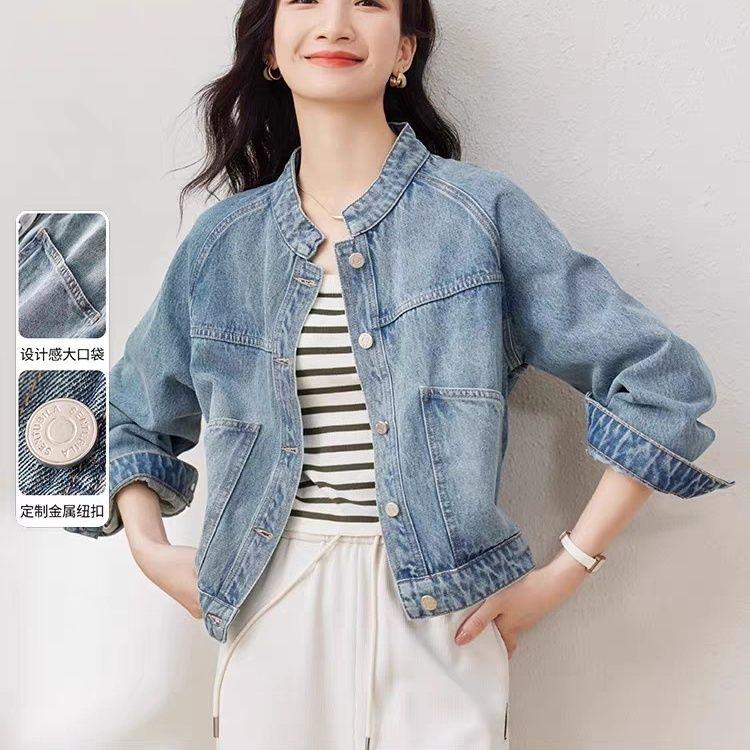 Women's Retro Washed Denim Short Jacket Stand Collar Long Sleeve Top for Autumn and Winter