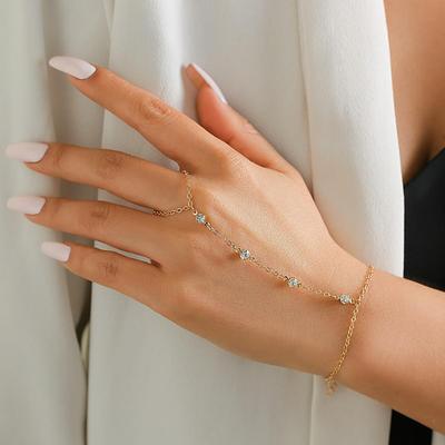 Vingerarmband in etnische stijl met strasssteentjes, imitatieparels en metalen bangle.