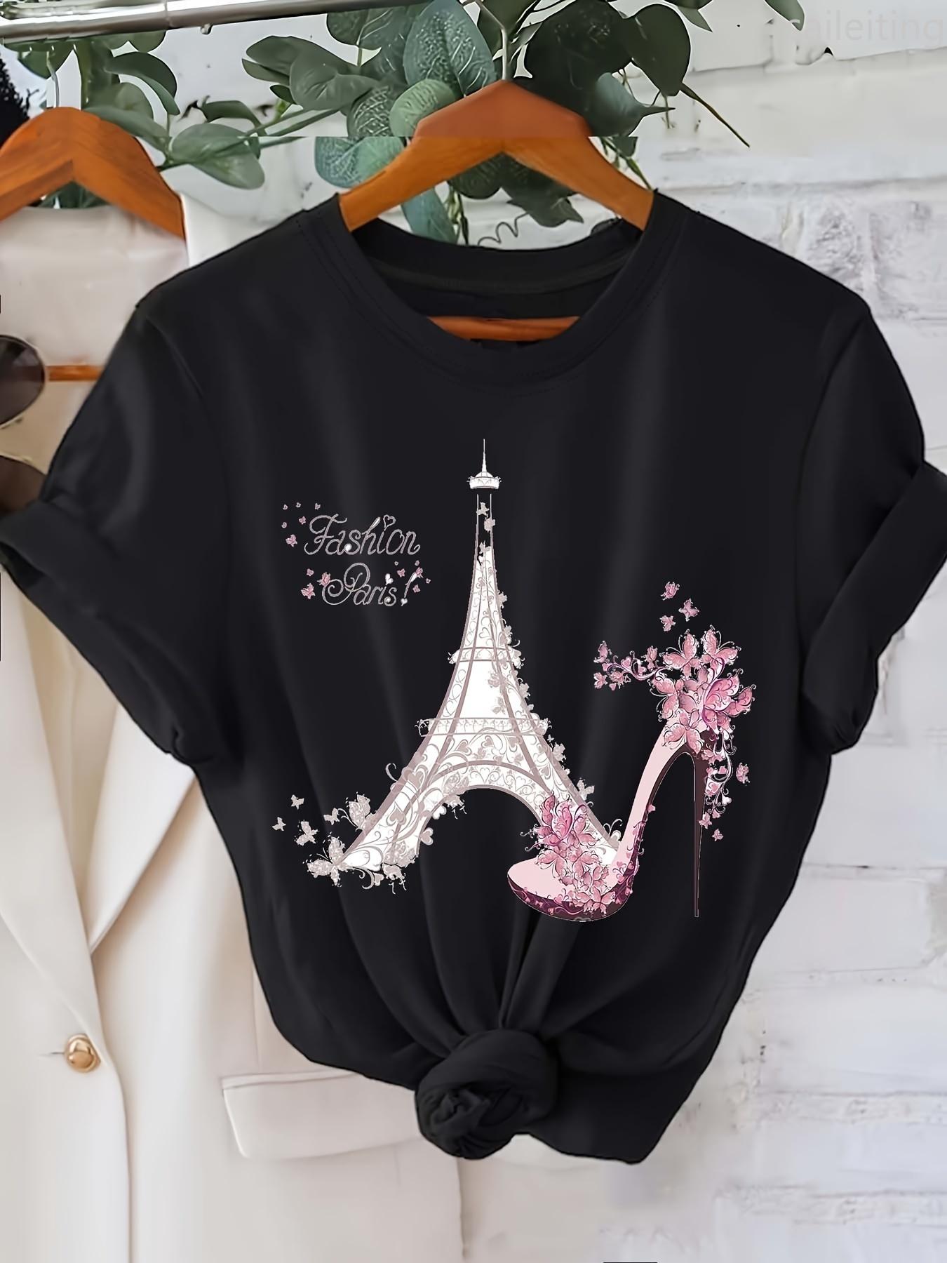 

WomenS Eiffel Tower High Heel Print TShirt Casual Crew Neck Short Sleeve Polyester Knit Fabric Season Fashion Aesthetic Clothes S