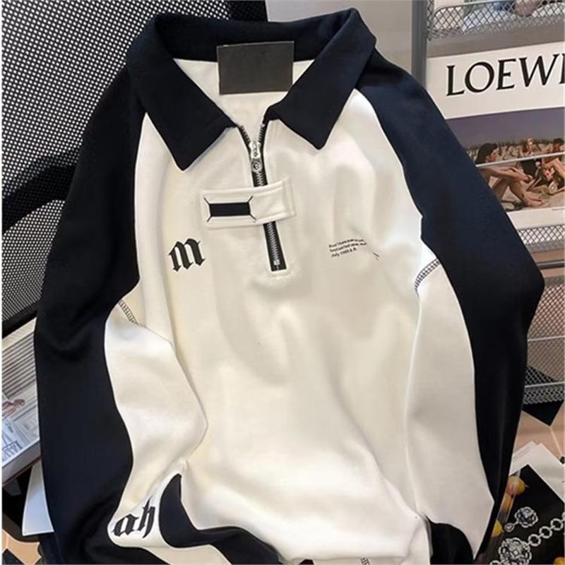 

Streetwear Black & White Retro Half-Zip Sweatshirt with Polo Collar M