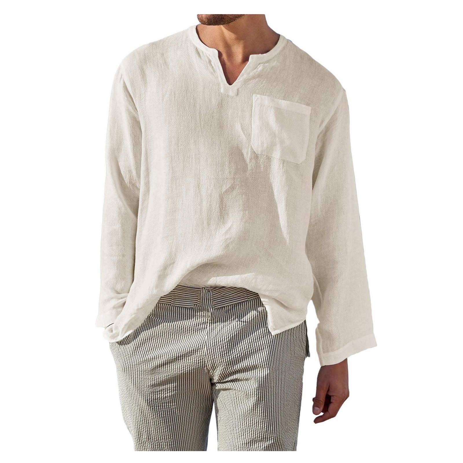 Мужские повседневные льняные однотонные рубашки с длинным рукавом — фото 5