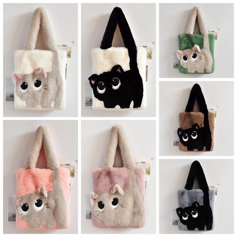 Handbag Cartoon Cat Shoulder Bag Large Capacity Furry Tote Bag Lightweight Plush Bag  Autumn Winter