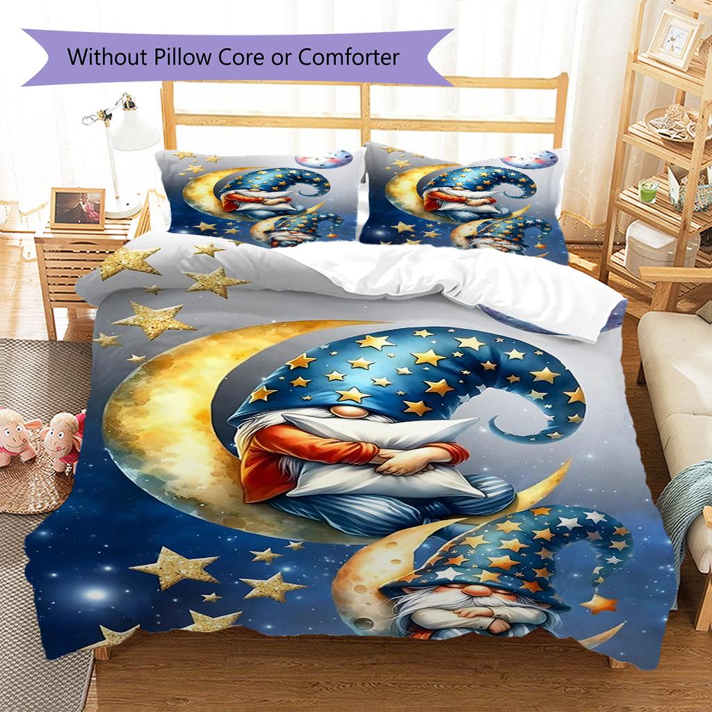 Good Night Gnomes Pattern Bedding Quilt Set Quilt Cover Pillowcase Home Decoration Gift (1 * duvet cover + 2 * pillowcase, without core)