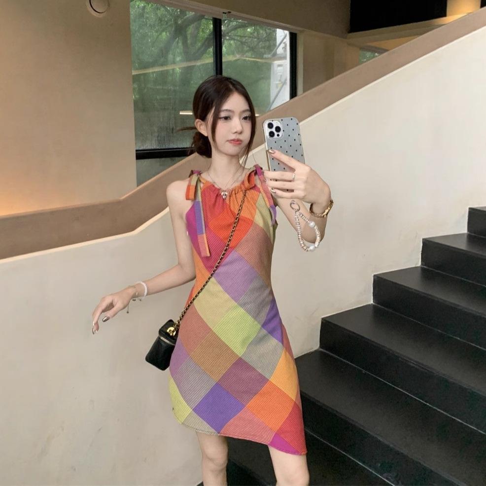 

Dopamine wears a chic neck sling skirt for women s summer new holiday style waist and thin, beautiful temperament dress XL різнокольоровий